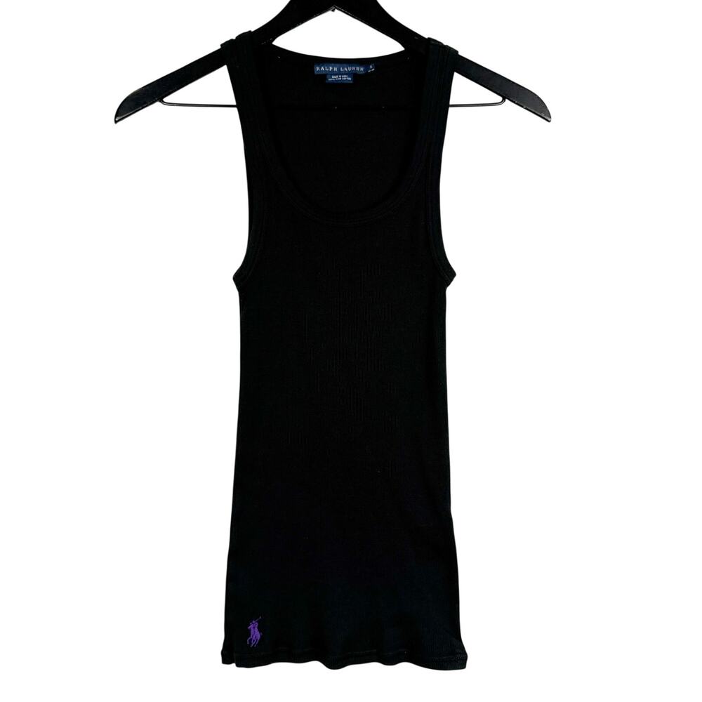Ralph Lauren Womens Ribbed Tank Top Black Purple Logo - S